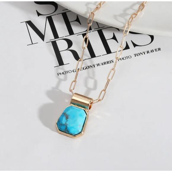 Turquoise Howlite Pendant Necklace Gold Open Chain Southwest Boho Aesthetic NEW - Picture 1 of 7